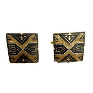 Vintage Gold & Black Square Amascene Cufflinks W/Geometric Retro Design